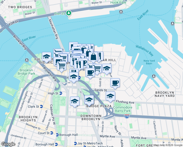 map of restaurants, bars, coffee shops, grocery stores, and more near 79 Bridge Street in Brooklyn