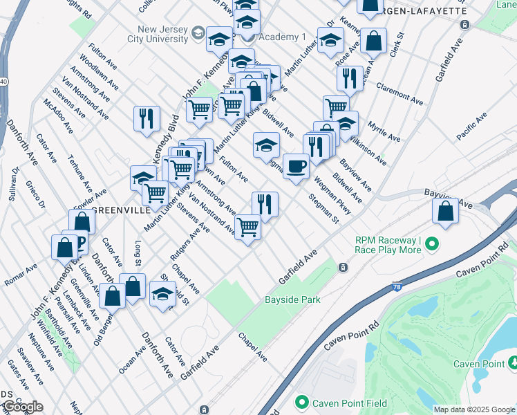 map of restaurants, bars, coffee shops, grocery stores, and more near 94 Woodlawn Avenue in Jersey City