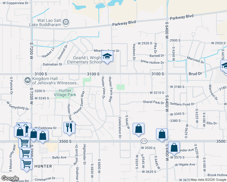 map of restaurants, bars, coffee shops, grocery stores, and more near 6715 Hunter Wood Circle in West Valley City