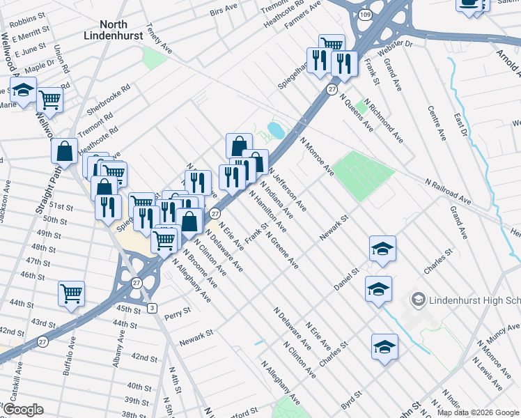 map of restaurants, bars, coffee shops, grocery stores, and more near 840 North Hamilton Avenue in Lindenhurst