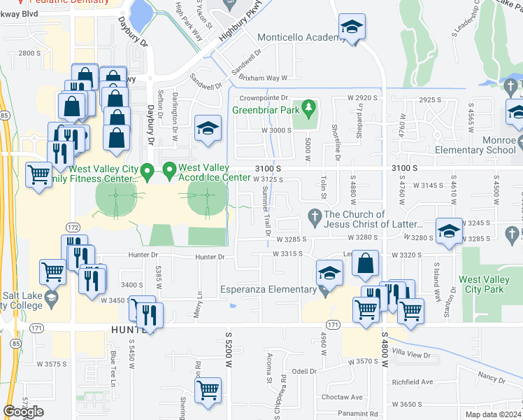 map of restaurants, bars, coffee shops, grocery stores, and more near 3212 Summer Trail Drive in West Valley City