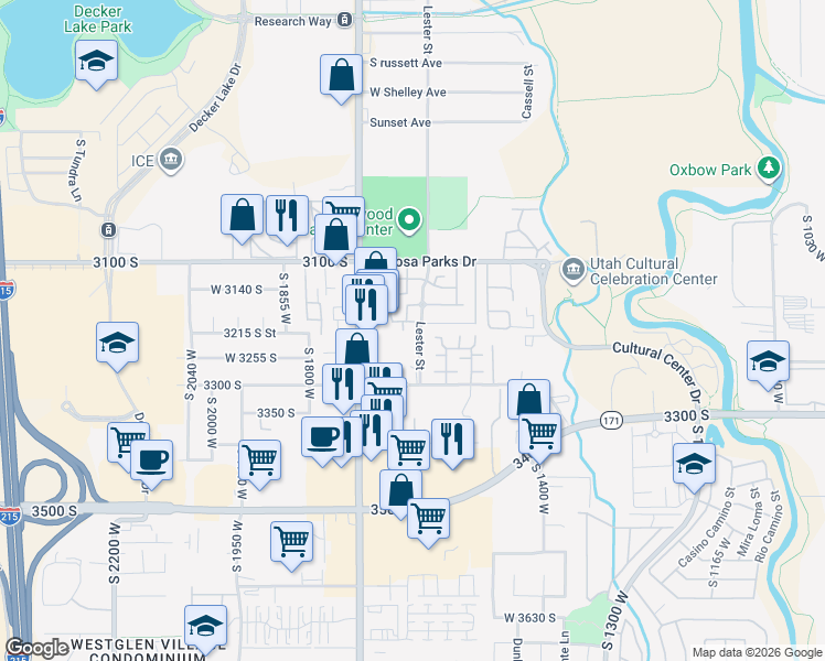 map of restaurants, bars, coffee shops, grocery stores, and more near 1617 Treille Court in West Valley City