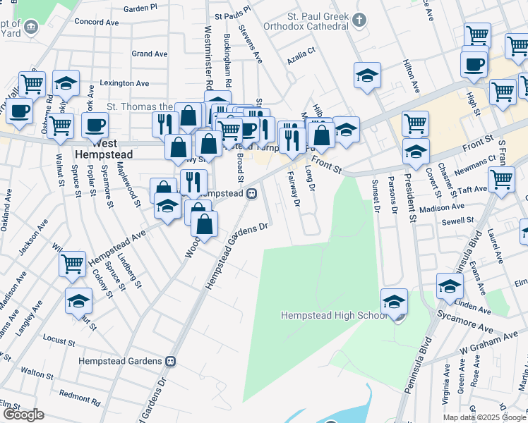 map of restaurants, bars, coffee shops, grocery stores, and more near in West Hempstead