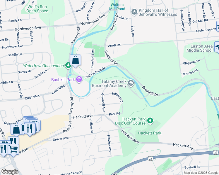 map of restaurants, bars, coffee shops, grocery stores, and more near 2122 Edgewood Avenue in Easton