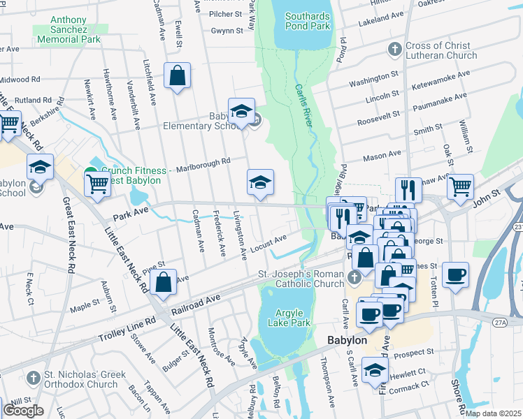 map of restaurants, bars, coffee shops, grocery stores, and more near 180 Park Avenue in Babylon