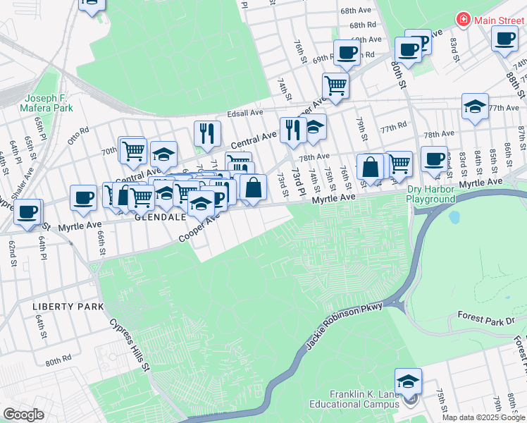 map of restaurants, bars, coffee shops, grocery stores, and more near 72-23 72nd Street in Queens