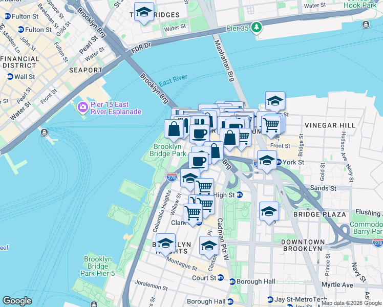 map of restaurants, bars, coffee shops, grocery stores, and more near 25-30 Columbia Heights in Brooklyn