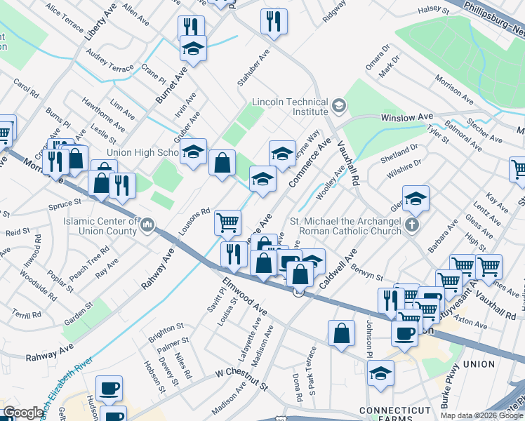 map of restaurants, bars, coffee shops, grocery stores, and more near 1120 Commerce Avenue in Union