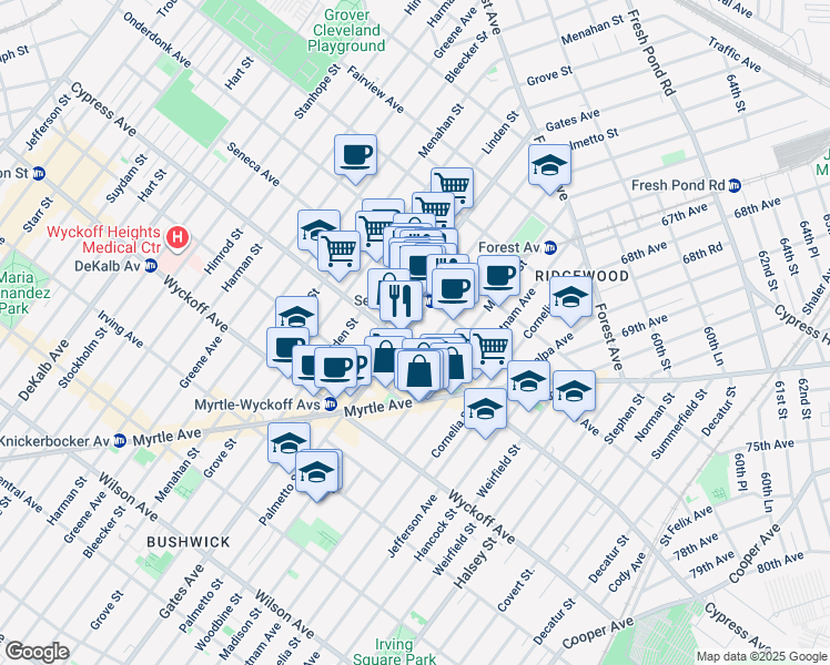map of restaurants, bars, coffee shops, grocery stores, and more near 1712 Palmetto Street in Queens