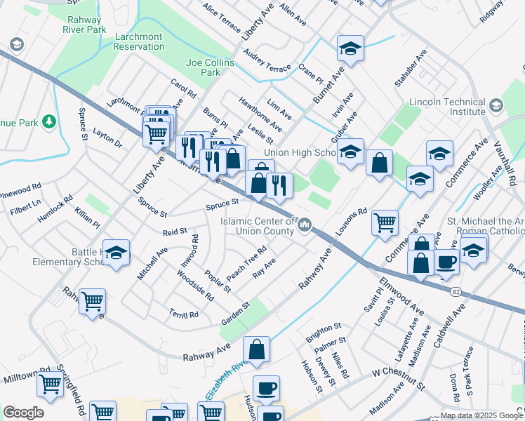 map of restaurants, bars, coffee shops, grocery stores, and more near 2444 Morris Avenue in Union