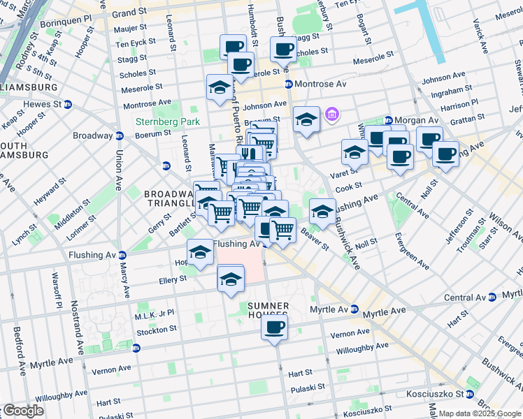 map of restaurants, bars, coffee shops, grocery stores, and more near 70 Varet Street in Brooklyn