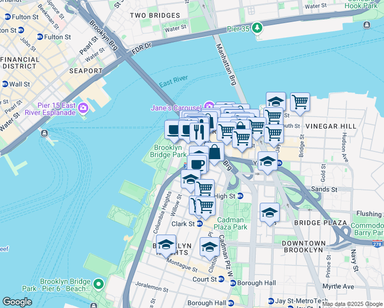 map of restaurants, bars, coffee shops, grocery stores, and more near 29 Columbia Heights in Brooklyn
