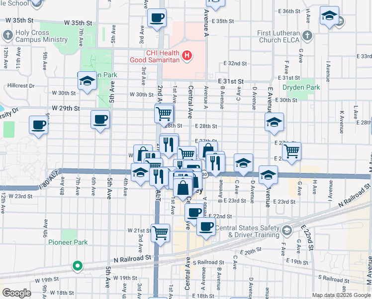 map of restaurants, bars, coffee shops, grocery stores, and more near 21 West 27th Street in Kearney