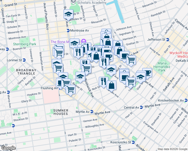 map of restaurants, bars, coffee shops, grocery stores, and more near 115 Stanwix Street in Brooklyn