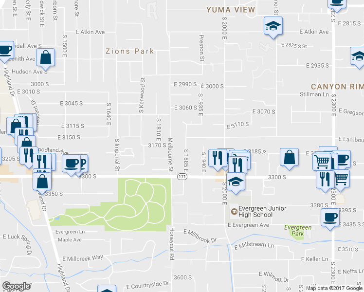 map of restaurants, bars, coffee shops, grocery stores, and more near 3176 South 1885 East in Salt Lake City