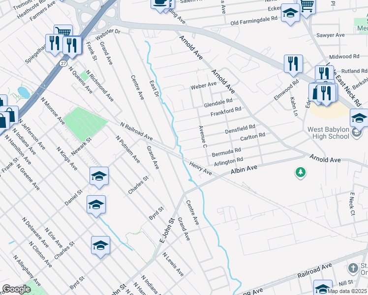 map of restaurants, bars, coffee shops, grocery stores, and more near 861 Densfield Road in West Babylon