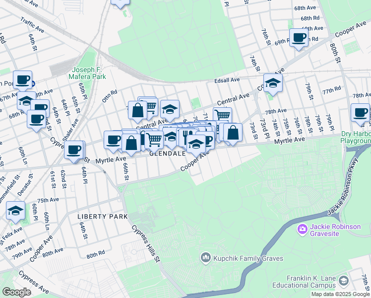 map of restaurants, bars, coffee shops, grocery stores, and more near 71-58 69th Place in Queens
