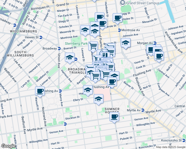map of restaurants, bars, coffee shops, grocery stores, and more near 10 Manhattan Avenue in Brooklyn