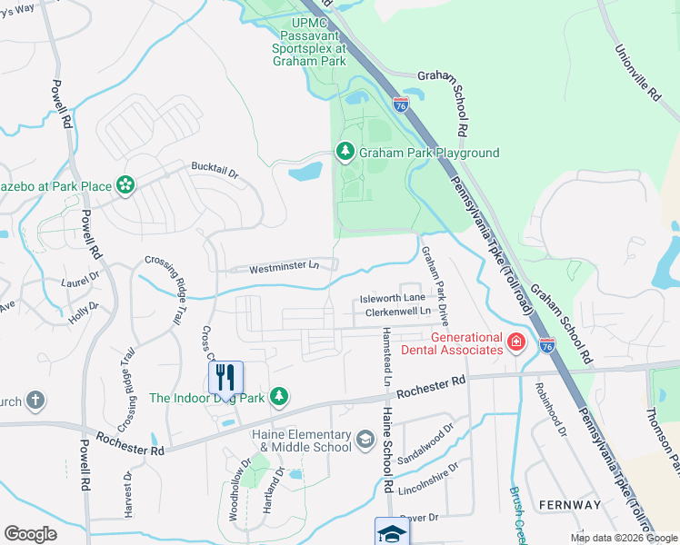 map of restaurants, bars, coffee shops, grocery stores, and more near 706 Finchley Circle in Cranberry Township