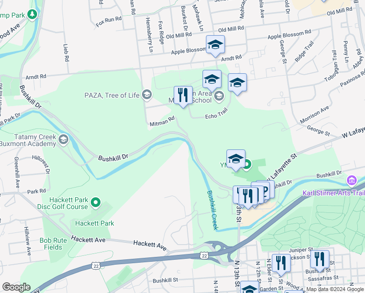 map of restaurants, bars, coffee shops, grocery stores, and more near 1400 Bushkill Drive in Easton
