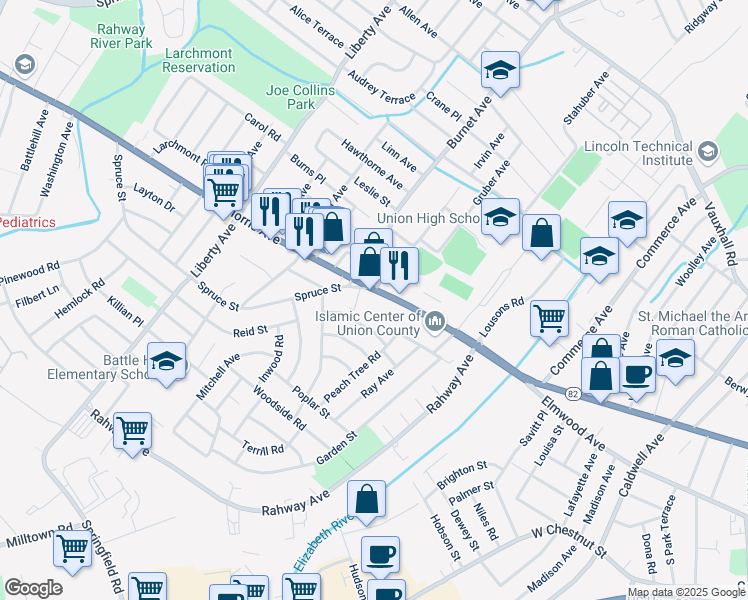 map of restaurants, bars, coffee shops, grocery stores, and more near 2444 Morris Avenue in Union