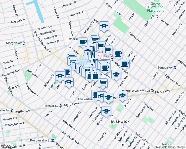 map of restaurants, bars, coffee shops, grocery stores, and more near 1535 Dekalb Avenue in Brooklyn