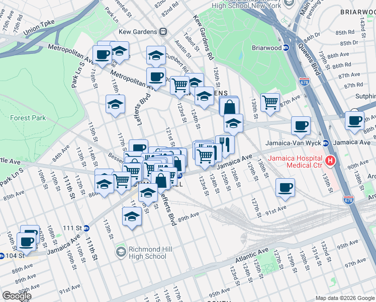 map of restaurants, bars, coffee shops, grocery stores, and more near 122-09 Hillside Avenue in Queens