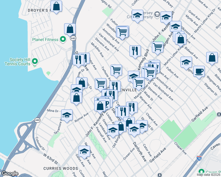 map of restaurants, bars, coffee shops, grocery stores, and more near in Jersey City