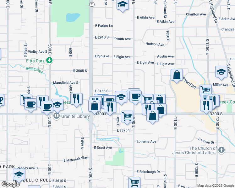 map of restaurants, bars, coffee shops, grocery stores, and more near 821 East Springview Drive in Millcreek