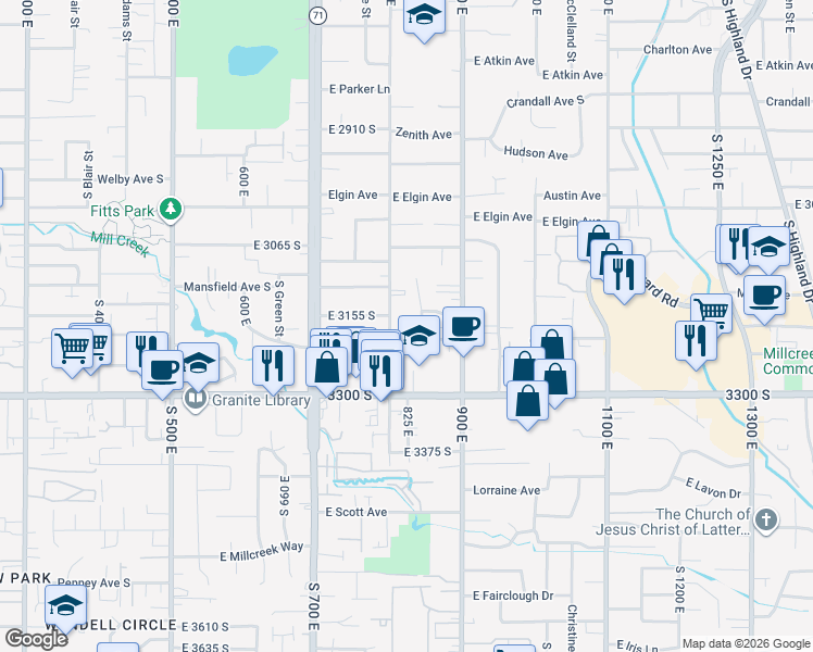 map of restaurants, bars, coffee shops, grocery stores, and more near 821 East Springview Drive in Millcreek