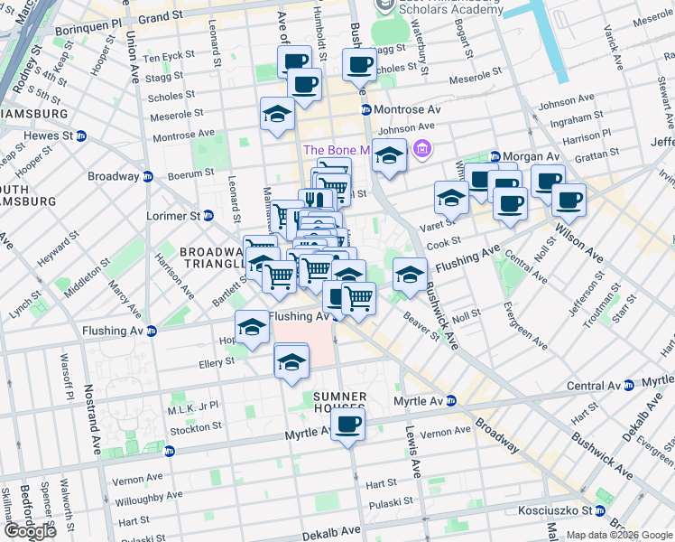 map of restaurants, bars, coffee shops, grocery stores, and more near 47 Debevoise Street in Brooklyn