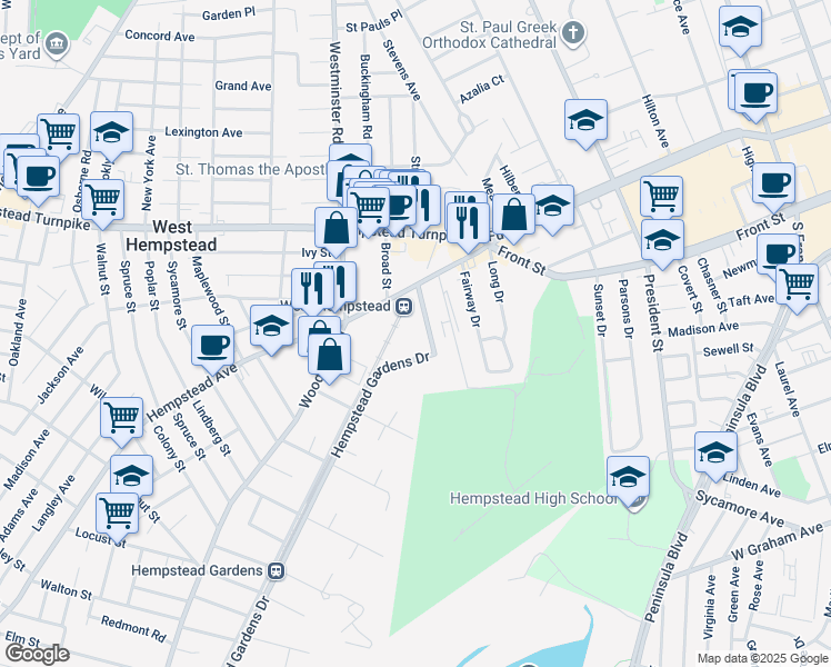 map of restaurants, bars, coffee shops, grocery stores, and more near in West Hempstead