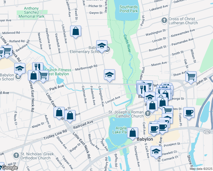 map of restaurants, bars, coffee shops, grocery stores, and more near 88 Ralph Avenue in Babylon