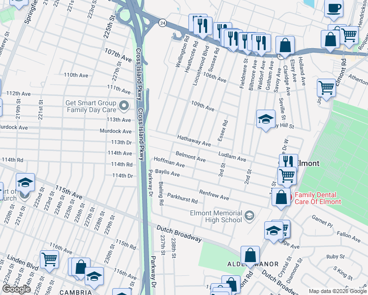 map of restaurants, bars, coffee shops, grocery stores, and more near 134 Hathaway Avenue in Elmont