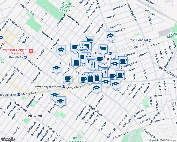 map of restaurants, bars, coffee shops, grocery stores, and more near 18-14 Woodbine Street in Queens