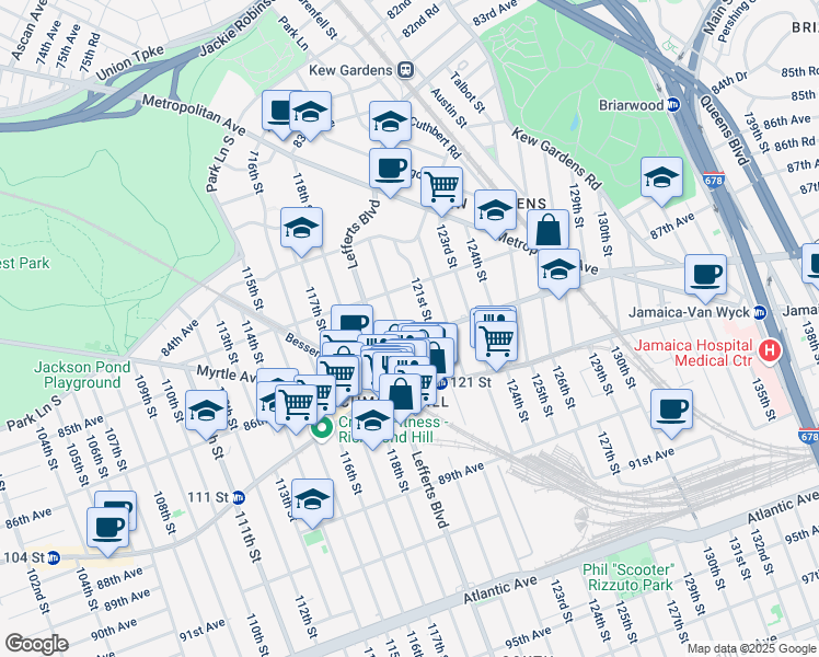 map of restaurants, bars, coffee shops, grocery stores, and more near 85-30 121st Street in Queens