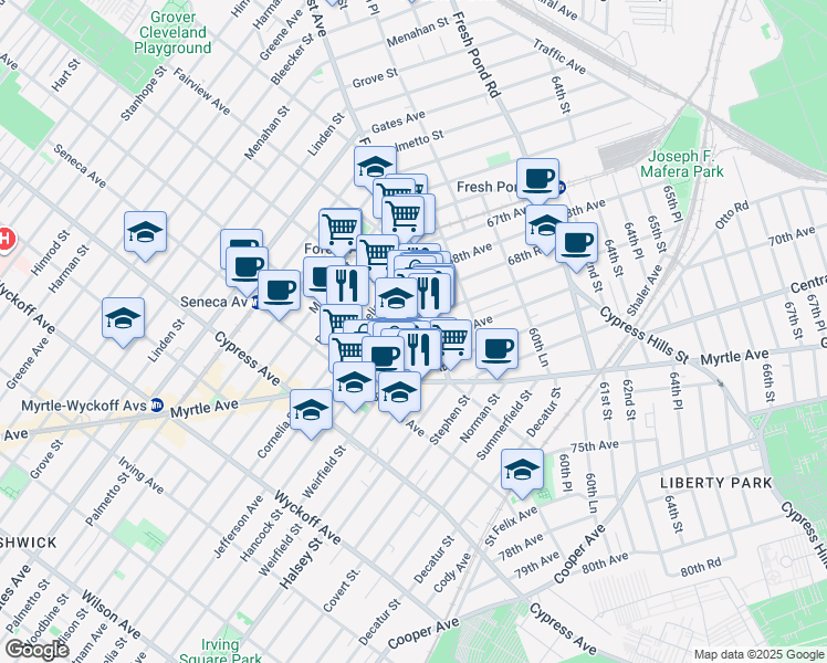 map of restaurants, bars, coffee shops, grocery stores, and more near 870 Woodward Avenue in Queens