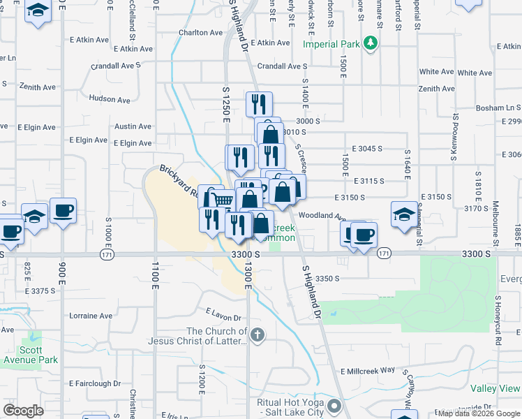 map of restaurants, bars, coffee shops, grocery stores, and more near 1350 Miller Avenue in Millcreek