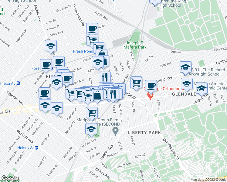 map of restaurants, bars, coffee shops, grocery stores, and more near 61-20 71st Avenue in Queens