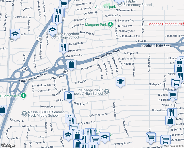 map of restaurants, bars, coffee shops, grocery stores, and more near 23 Rutland Road in Massapequa