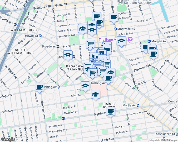 map of restaurants, bars, coffee shops, grocery stores, and more near 10 Manhattan Avenue in Brooklyn