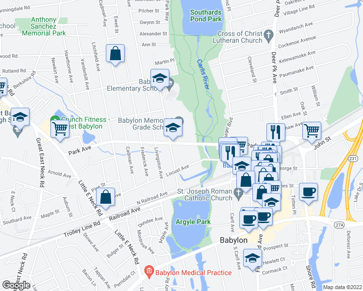 map of restaurants, bars, coffee shops, grocery stores, and more near 164 Park Avenue in Babylon