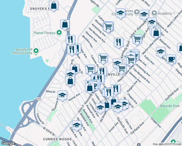 map of restaurants, bars, coffee shops, grocery stores, and more near 315 Cator Avenue in Jersey City