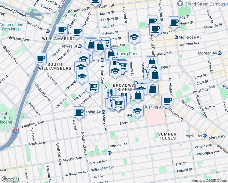 map of restaurants, bars, coffee shops, grocery stores, and more near 94 Walton Street in Brooklyn