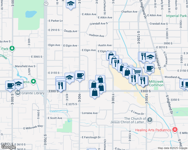 map of restaurants, bars, coffee shops, grocery stores, and more near 3151 South 1000 East in Millcreek
