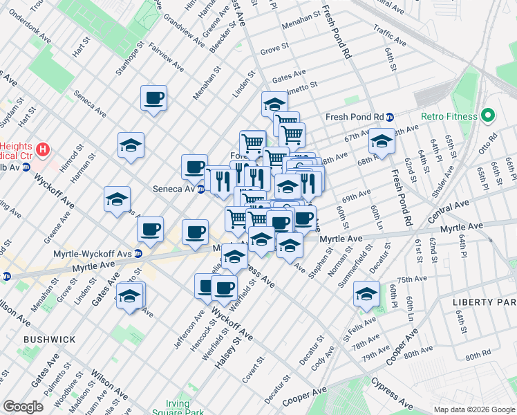 map of restaurants, bars, coffee shops, grocery stores, and more near 18-67 Cornelia Street in Queens