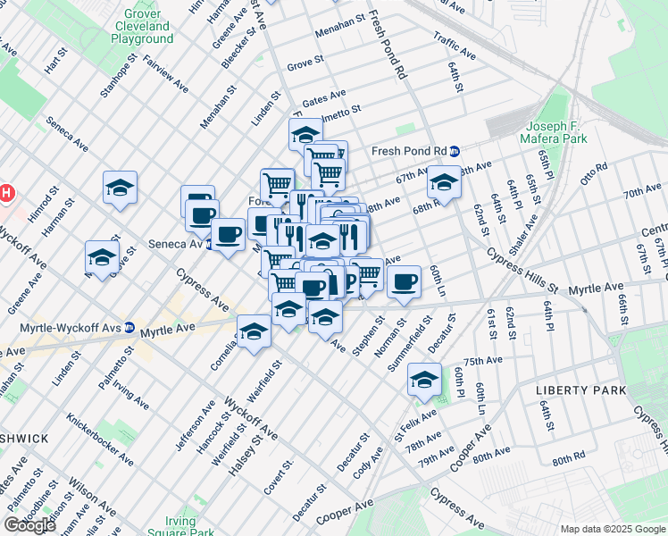 map of restaurants, bars, coffee shops, grocery stores, and more near 870 Woodward Avenue in Queens