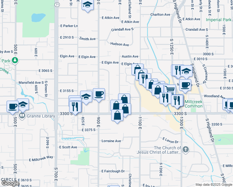map of restaurants, bars, coffee shops, grocery stores, and more near 3151 South 1000 East in Millcreek
