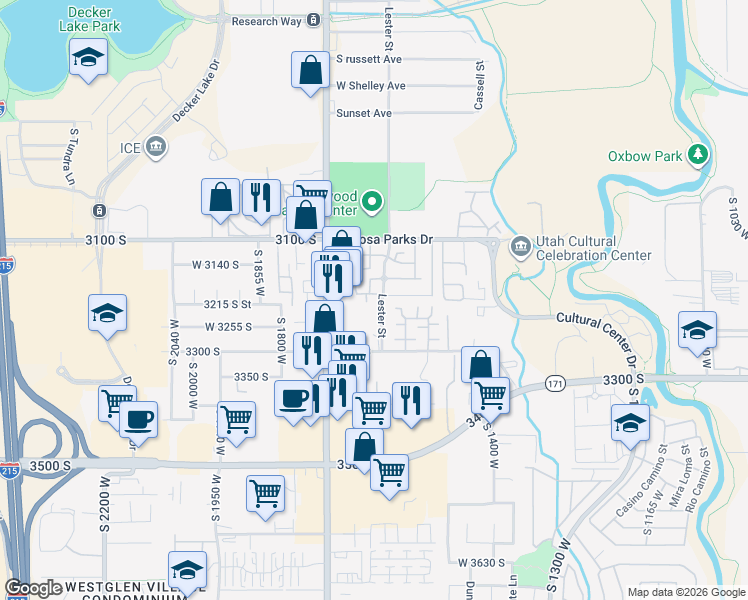 map of restaurants, bars, coffee shops, grocery stores, and more near 3185 Matisse Lane in West Valley City