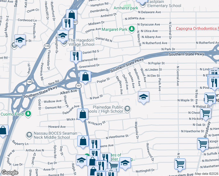 map of restaurants, bars, coffee shops, grocery stores, and more near 23 Rutland Road in Massapequa